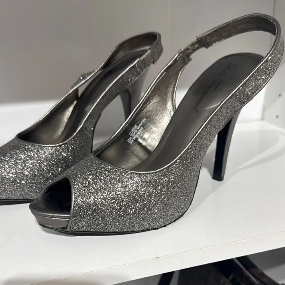 Lulu Townsend Silver Glitter Slingback Heels
